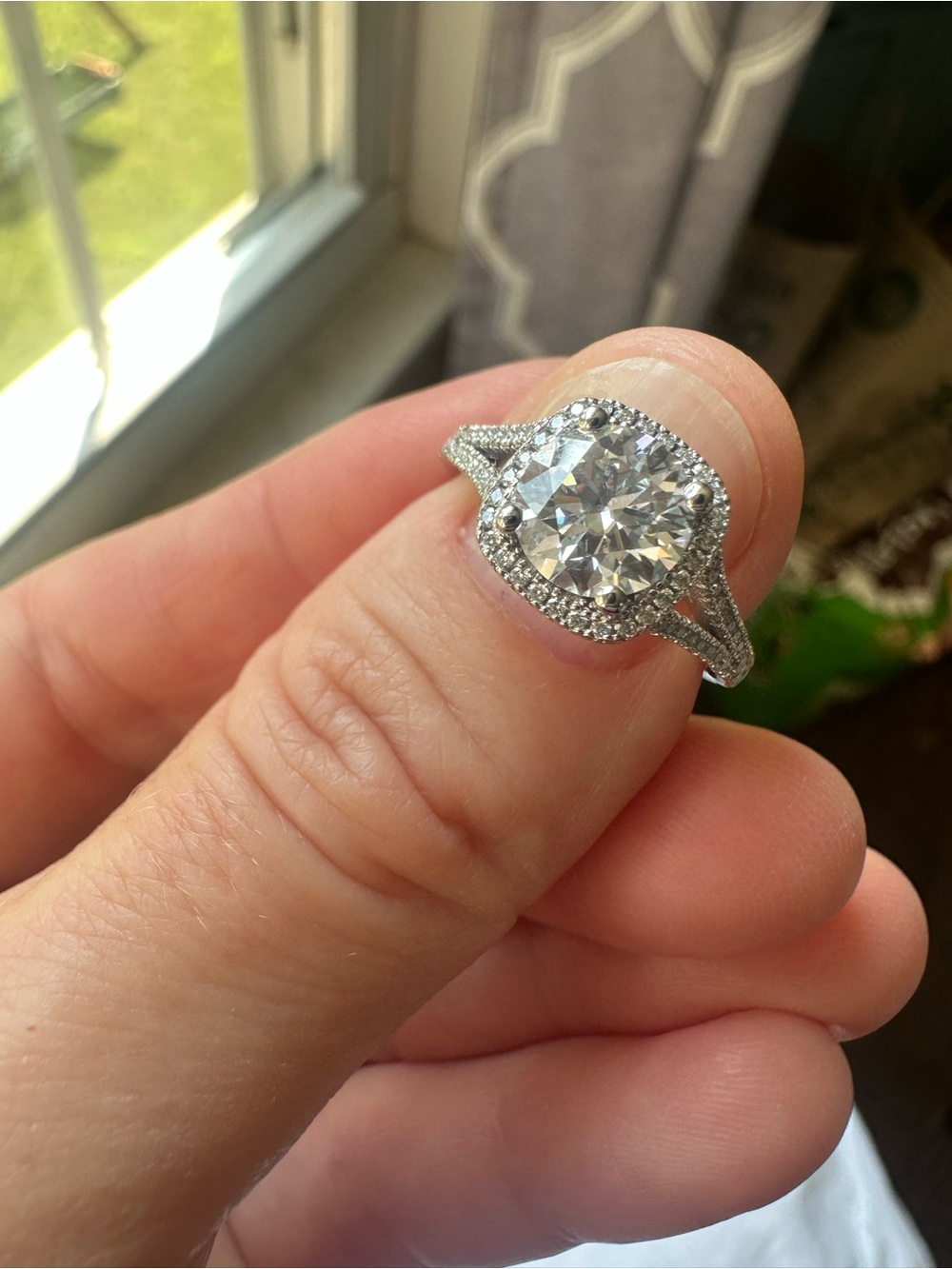 MS Blue 1.5 Carat, Size 7, Halo Round, Split Shank Moissanite Engagement Ring